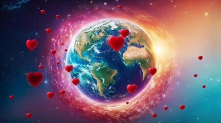 Planet Earth surounded by Valentine's Day hearts. Generative AI.