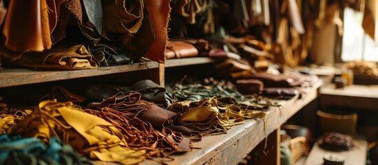 Assorted materials for handmade leather production stored in cupboard. - obrazy, fototapety, plakaty