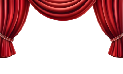 red velvet open curtains isolated on transparent background, Stage curtains, movie theater opener, png.
