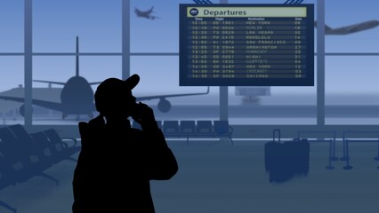 The frame shows an airport with a waiting room. A woman in silhouette looks at the scoreboard and checks the flights with his phone. In his background is a runway on which airplanes are taking off