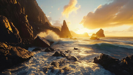 A sweeping vista of a rocky coastline with crashing waves and a sunset sky,