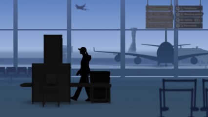 The frame shows an airport with a waiting room. A woman stands with a suitcase near a checkpoint. On its background runway with airplanes