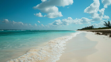 Fototapeta premium A wide-angle shot of a tranquil beach with turquoise waters and white sand,