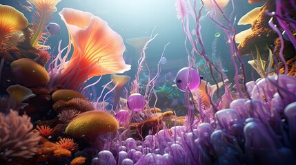 Colorful and surreal underwater environment alive with vibrant marine colors. Fantasy oceanic realm, mesmerizing underwater world, dreamlike sea life. Generated by AI. - obrazy, fototapety, plakaty