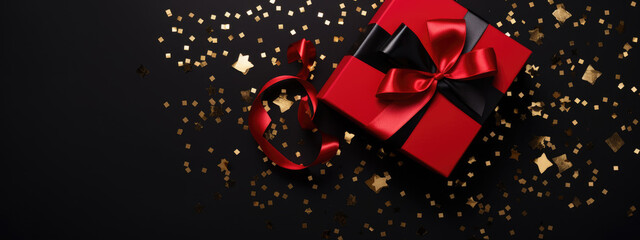 Red gift box with a golden ribbon, surrounded by a scattering of red and gold star-shaped confetti on a dark background.