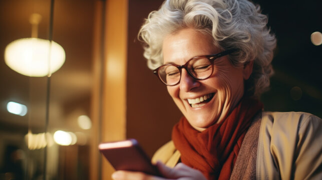 A Senior Woman Looking At The Smartphone And Laughing Closeup.