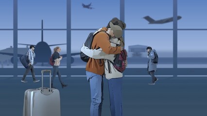 In the frame of the airport with waiting room. Man and woman meet, they are happy to see each other, hug. In the background, people walk with suitcases in different directions
