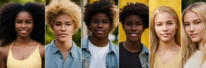group of people/photo young people aged 17 happy french white skin and blond hair, black skin and frizzy hair, yellow skin and smooth black hair, brown skin, - obrazy, fototapety, plakaty