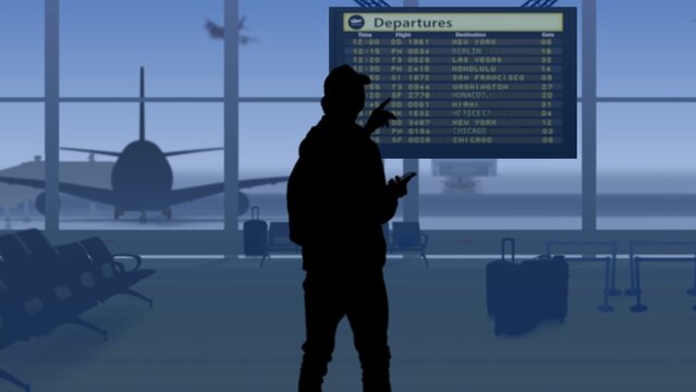 The frame shows an airport with a waiting room. A man in silhouette looks at the scoreboard and checks the flights with his phone. In his background is a runway on which airplanes are taking off