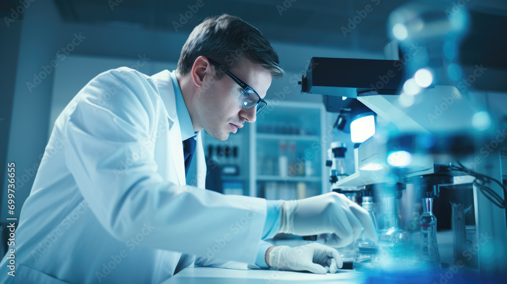 Poster scientist using a microscope in a laboratory setting