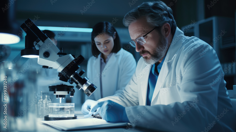 Poster scientist using a microscope in a laboratory setting