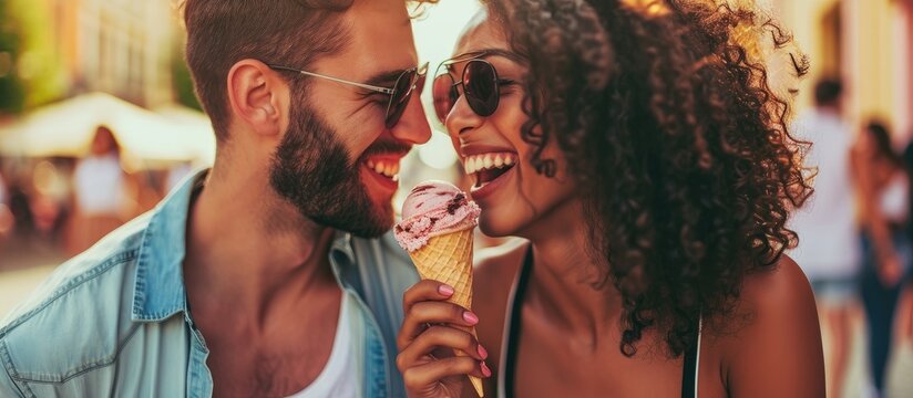 Joyful pair enjoying a rendezvous while indulging in ice cream.
