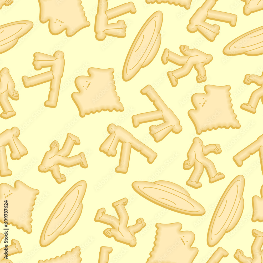 Poster ufo cracker shape pattern seamless. monster cookies in shape of monster zombies and yeti ornament. c