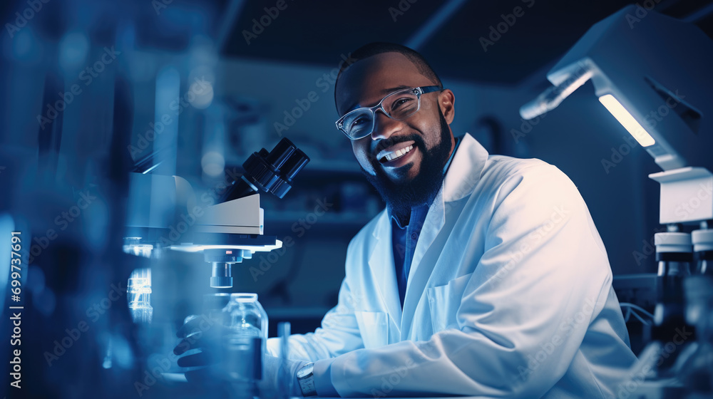 Poster scientist using a microscope in a laboratory setting