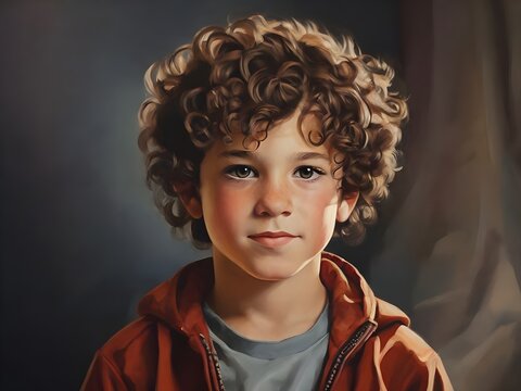 Young boy with curly hair. Portrait painting. Generative AI