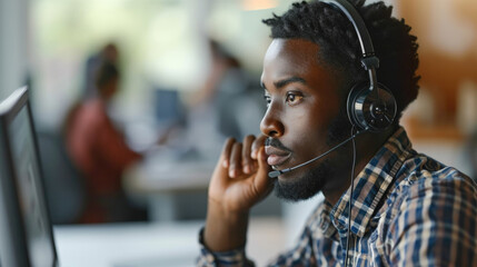 A dark-skinned call centre operator wearing headphones and a microphone works at a computer