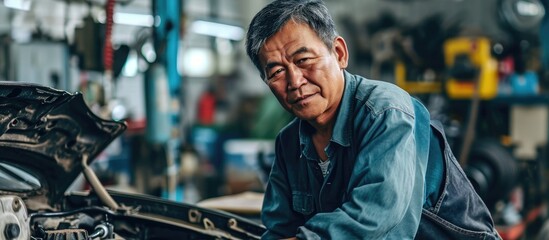 Asian senior male, vehicle mechanic, specialized in car repair and maintenance, owns small auto service business. - obrazy, fototapety, plakaty