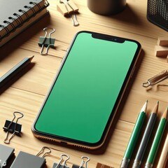 Mockup empty, blank smartphone green screen, on a wooden table, with office stationaries beside it sideview