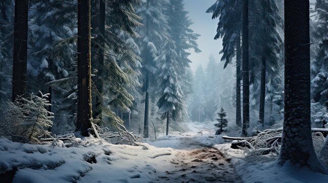 Serene winter scene, snow-covered evergreens, quiet forest, snow-laden trees, winter wonderland, peaceful woods, snow-draped landscape, scenic snowy woods. Generated by AI. - Powered by Adobe