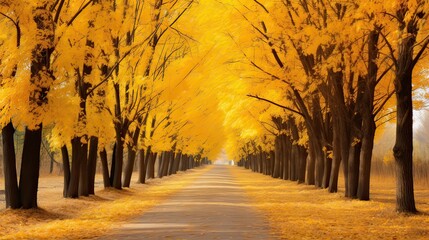 Golden autumn leaves, park pathway, nature's beauty, fall foliage, vibrant colors, seasonal landscape. Generated by AI.