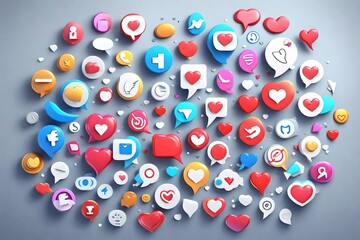 3d render like icon set. Social media bubble with heart. Love element. Comment button. Share tag. Notice people. Chat text. Speech communicate. Notification label. Emoji reaction.Vector illustration s