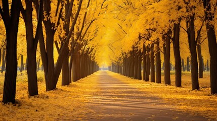 Golden autumn leaves, park pathway, blanket, serene, enchanting, autumn stroll, seasonal beauty. Generated by AI.