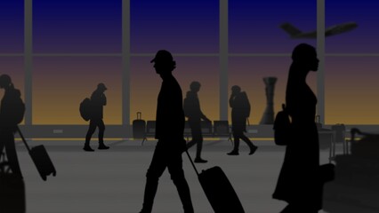 In the frame of the airport with a waiting room. People in slow mo, silhouette they go in different directions holding luggage. In the background of the sunset and take off runway with planes