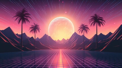 Abstract retro sci-fi grid 80's, 90's neon colors night and sunset, vintage cyberpunk illustration, retro synthwave style neon landscape background. - obrazy, fototapety, plakaty