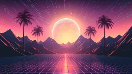Foto op Canvas Abstract retro sci-fi grid 80's, 90's neon colors night and sunset, vintage cyberpunk illustration, retro synthwave style neon landscape background. © Thanaphon
