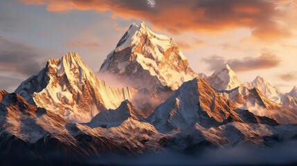 Towering, snow-covered, stunning, breathtaking, serene, majestic, dawn, alpine, picturesque, scenic. Generated by AI.