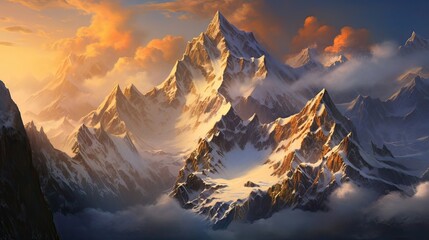 Breathtaking snow-capped peaks of tall mountains bathed in the gentle morning light. Majestic, snow-covered, stunning, serene, alpine, dawn, picturesque, scenic, towering, grandeur. Generated by AI.