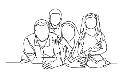 Happy Family single continuous line drawing of A happy family with two children. isolated on a white background. Vector illustration.
