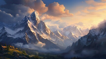 Majestic snow-capped peaks of tall mountains glowing in the first light of morning. Towering, snow-covered, stunning, breathtaking, serene, alpine, dawn, picturesque, scenic, majestic. Generated by AI