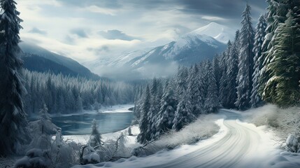 Scenic, snowy, serene, majestic, tranquil, frosty, wintertime, snow-draped, mountainous, frost-covered. Generated by AI.