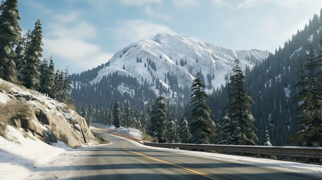 Scenic, snowy, serene, majestic, tranquil, frosty, wintertime, snow-laden, mountainous, frost-covered. Generated by AI.