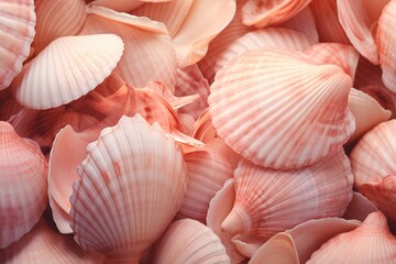 A close-up of a bunch of shells. Monochrome peach fuzz color background - Powered by Adobe