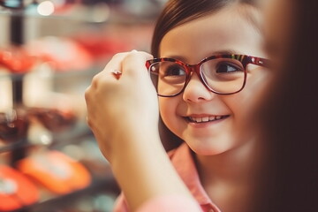 optician hand put glasses to a girl in optical store, Genereative AI