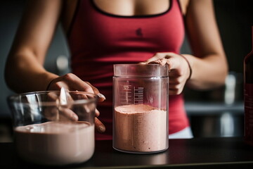 Fototapeta na wymiar fitness woman hand make protein shake at home, Genereative AI