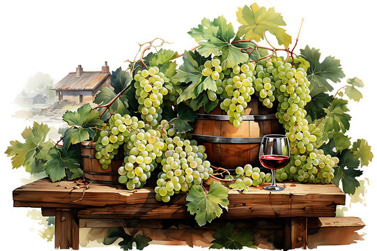 A painting of grapes in a basket and a bottle of wine on transparent background,AI generative.