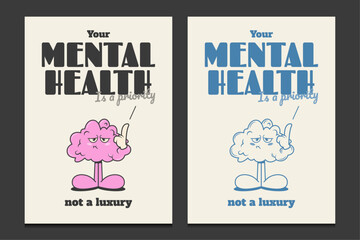 mental health day posters with a retro cartoon style, vector illustration