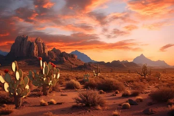 Fototapeten Wild West Texas desert landscape with sunset with mountains and cacti. © Lubos Chlubny