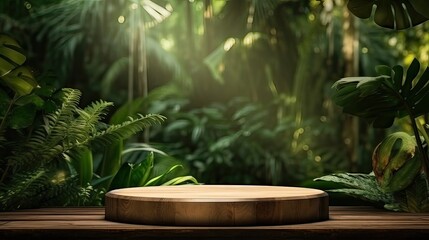 Picture a wooden podium positioned amidst a vibrant tropical forest. Tropical display, wooden podium, natural backdrop, product unveiling, forest allure. Generated by AI.