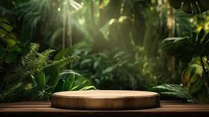 Fotobehang Picture a wooden podium positioned amidst a vibrant tropical forest. Tropical display, wooden podium, natural backdrop, product unveiling, forest allure. Generated by AI. © Anastasia