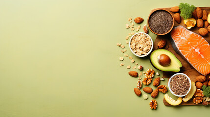 Healthy eating concept, Keto diet - salmon, avocado, eggs, nuts and seeds, green background, top...