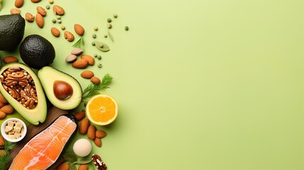 Naklejka na ściany i meble Healthy eating concept, Keto diet - salmon, avocado, eggs, nuts and seeds, green background, top view, copy space, Healthy lifestyle, Banner