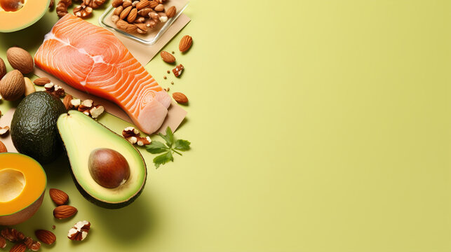 Healthy eating concept, Keto diet - salmon, avocado, eggs, nuts and seeds, green background, top view, copy space, Healthy lifestyle, Banner