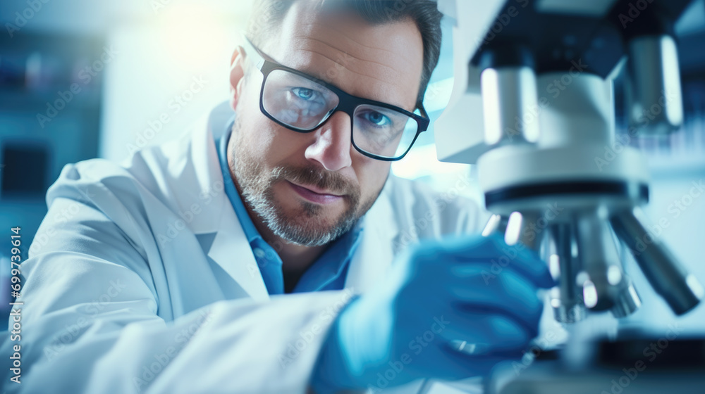 Poster scientist using a microscope in a laboratory setting