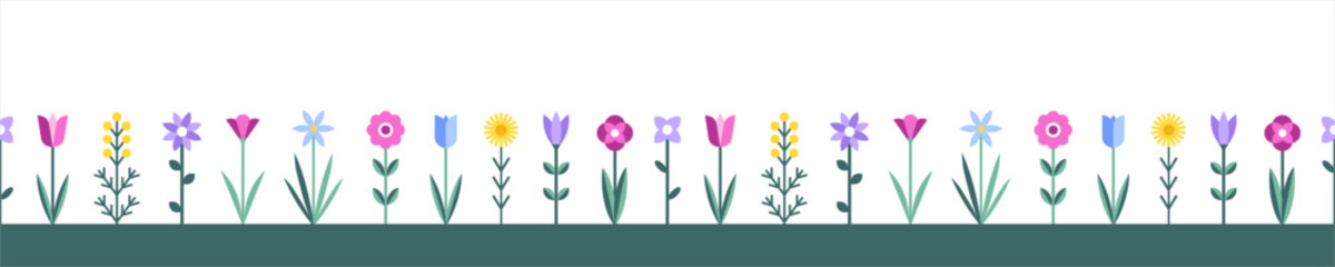 Floral horizontal seamless border, 8 March, spring frame template. Stilyzed colorful simple blooming flowers illustration. Modern trendy flat minimalist geometric style background.