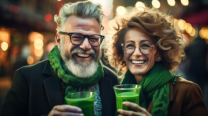 Modern adult man and a woman in green glasses drink green traditional beer and joyfully celebrate St. Patrick's Day. - obrazy, fototapety, plakaty