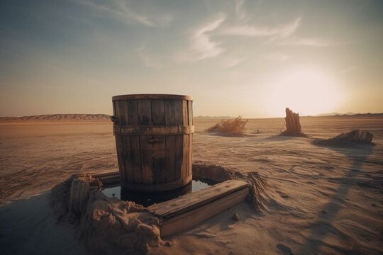 Wishing Well With Wooden Bucket On A Barren Landscape. Generative AI